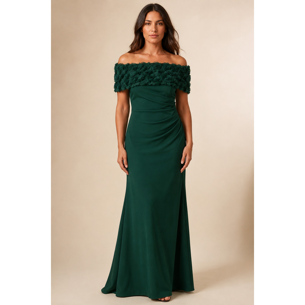 NEW ELIZA J Formal Gown 12 Green Ruched Waist Rosette Off Shoulder Evening Dress - Picture 11 of 12